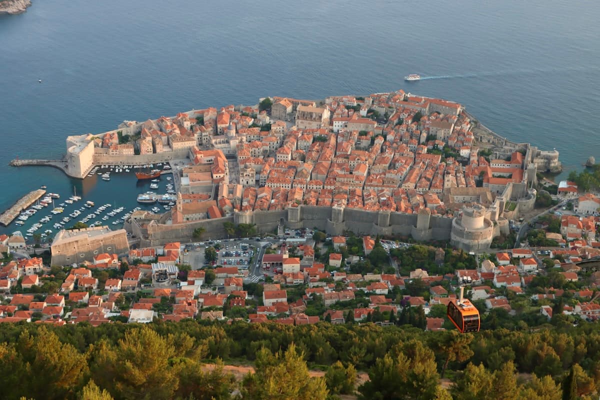 Dubrovnik old town aerial view with terracotta rooftops and Adriatic Sea